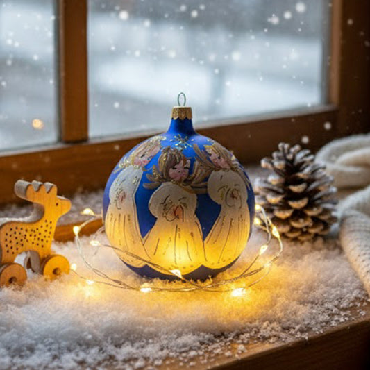 Sfera in vetro soffiato Ø 100 mm dipinta a mano con tre angioletti su fondo blu notte