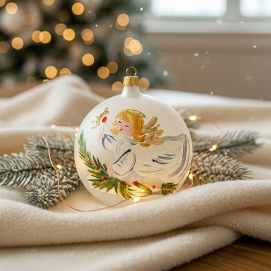 Sfera in vetro soffiato Ø 100 mm dipinta a mano con angelo su fondo bianco perla