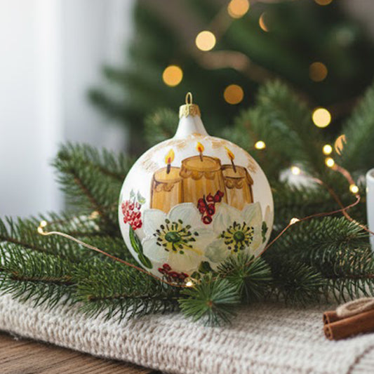 Sfera in vetro soffiato Ø 100 mm dipinta a mano con candele natalizie e fiori d’inverno