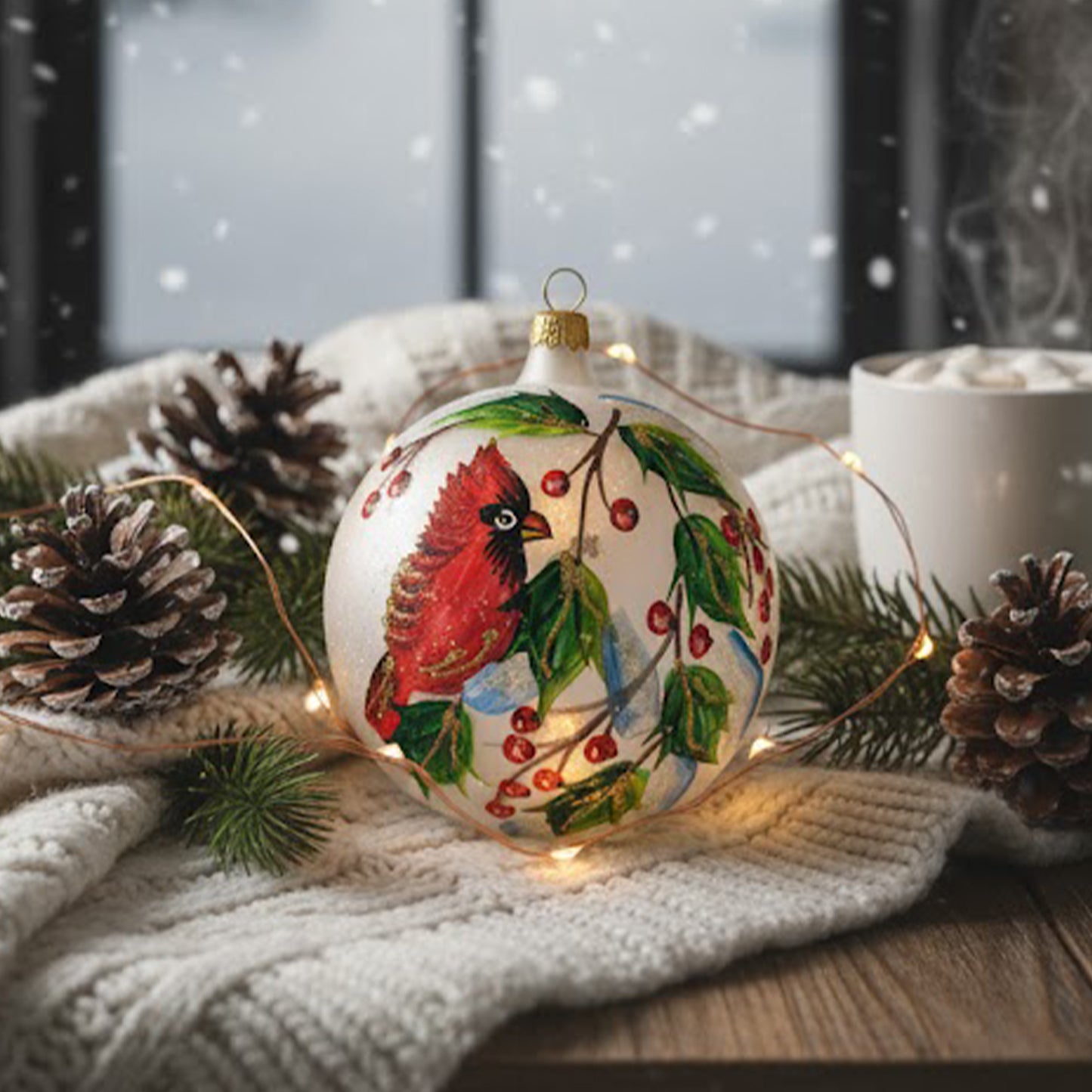 Hand-painted blown glass sphere Ø 100 mm with red cardinal and berry branches