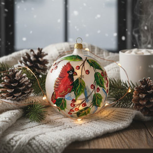 Sfera in vetro soffiato Ø 100 mm dipinta a mano con cardinale rosso e rami di bacche