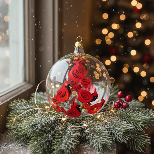 Sfera in vetro soffiato Ø 100 mm dipinta a mano con cardinali su vetro trasparente