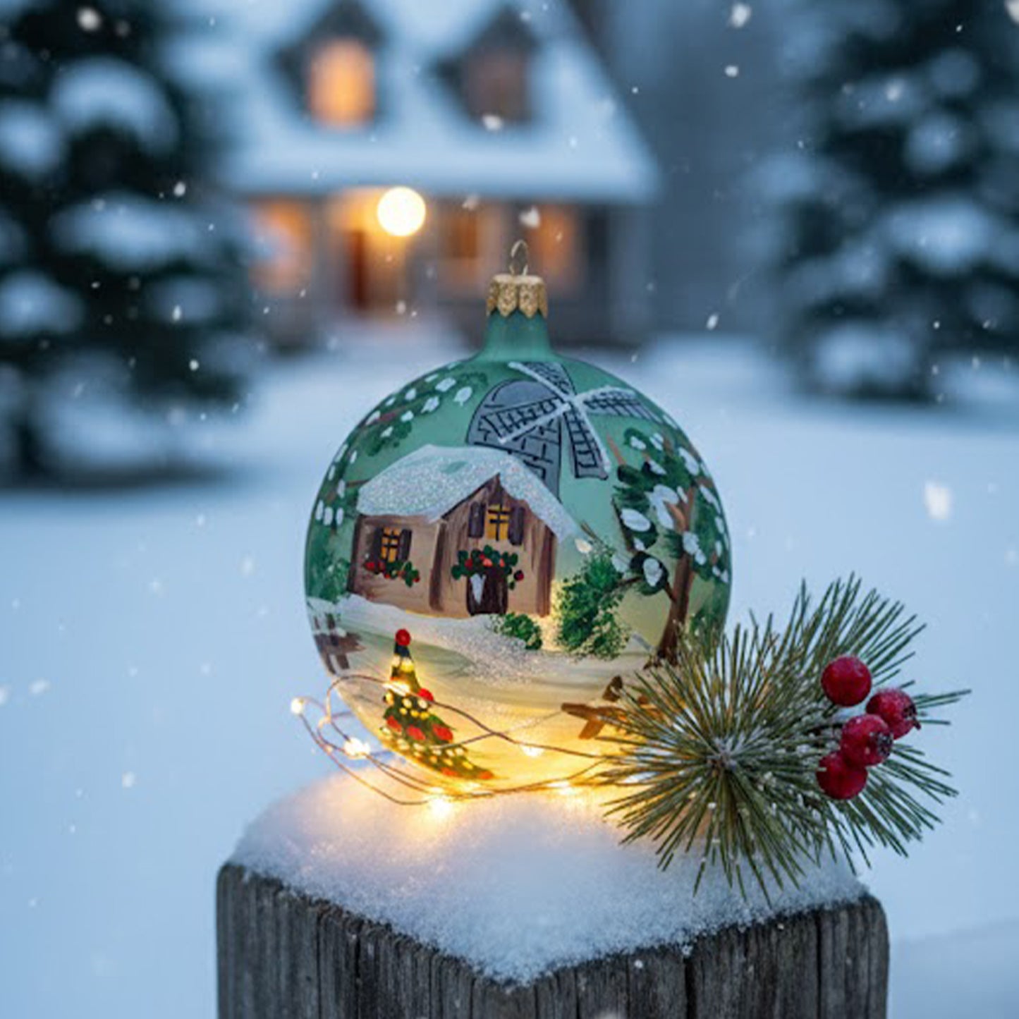 Sfera in vetro soffiato Ø 100 mm dipinta a mano con mulino e paesaggio innevato