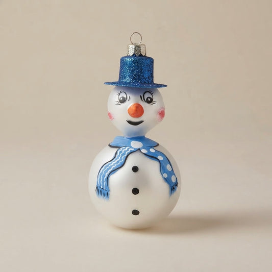 Pupazzo di neve con sciarpa blu, decorazione di Natale dipinta a mano