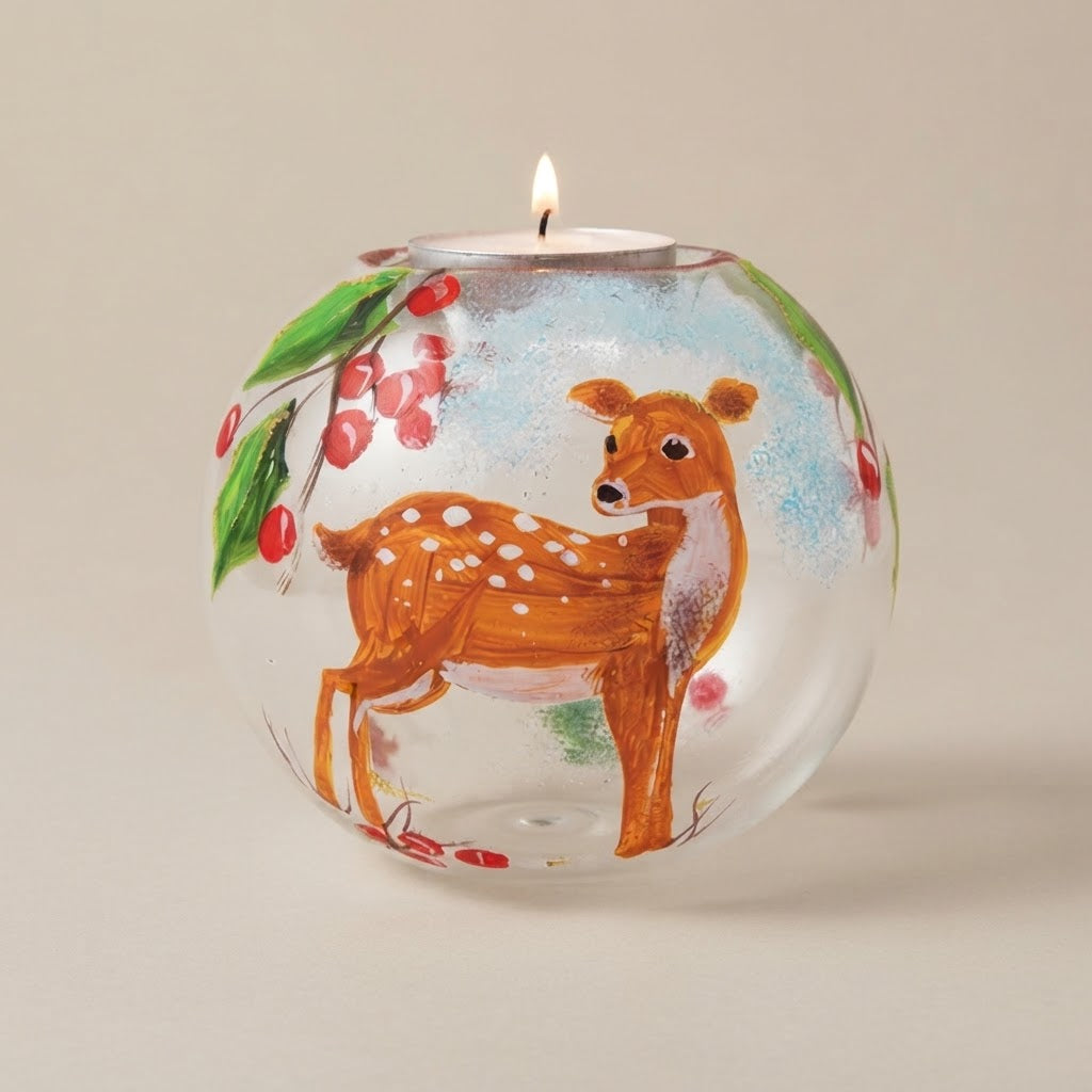Christmas tealight holder with fawn, hand-painted
