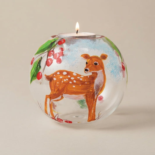Christmas tealight holder with fawn, hand-painted