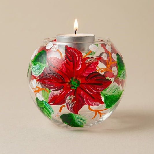 Christmas tealight holder with poinsettia, hand-painted