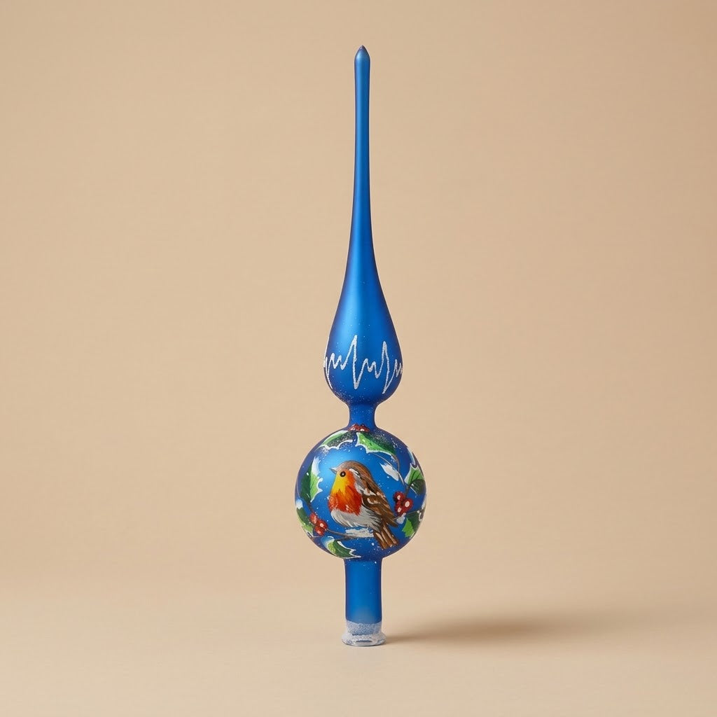Puntale per albero di Natale pettirosso su blu dipinto a mano
