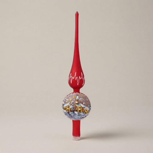Christmas tree topper with village on red, hand-painted
