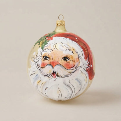 Palla di Natale Ø 10 cm dipinta a mano: volto di Babbo Natale su fondo oro chiaro