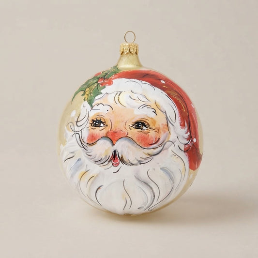 Palla di Natale Ø 10 cm dipinta a mano: volto di Babbo Natale su fondo oro chiaro