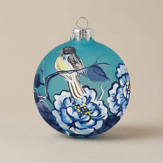 Ball bird and flowers on turquoise