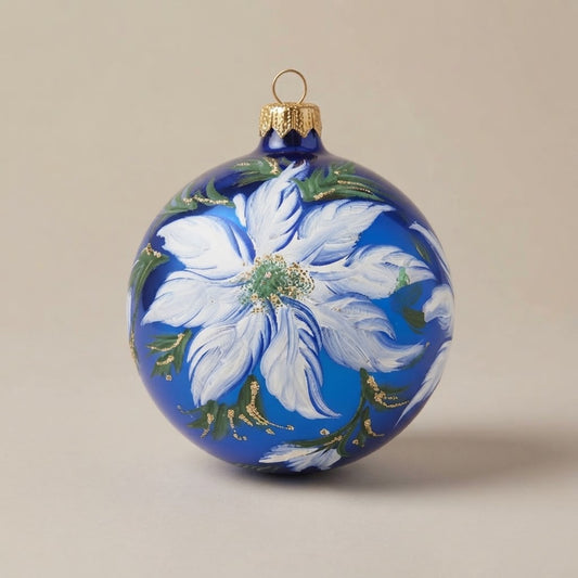 Palla di Natale Ø 10 cm dipinta a mano: stella di Natale bianca su fondo blu