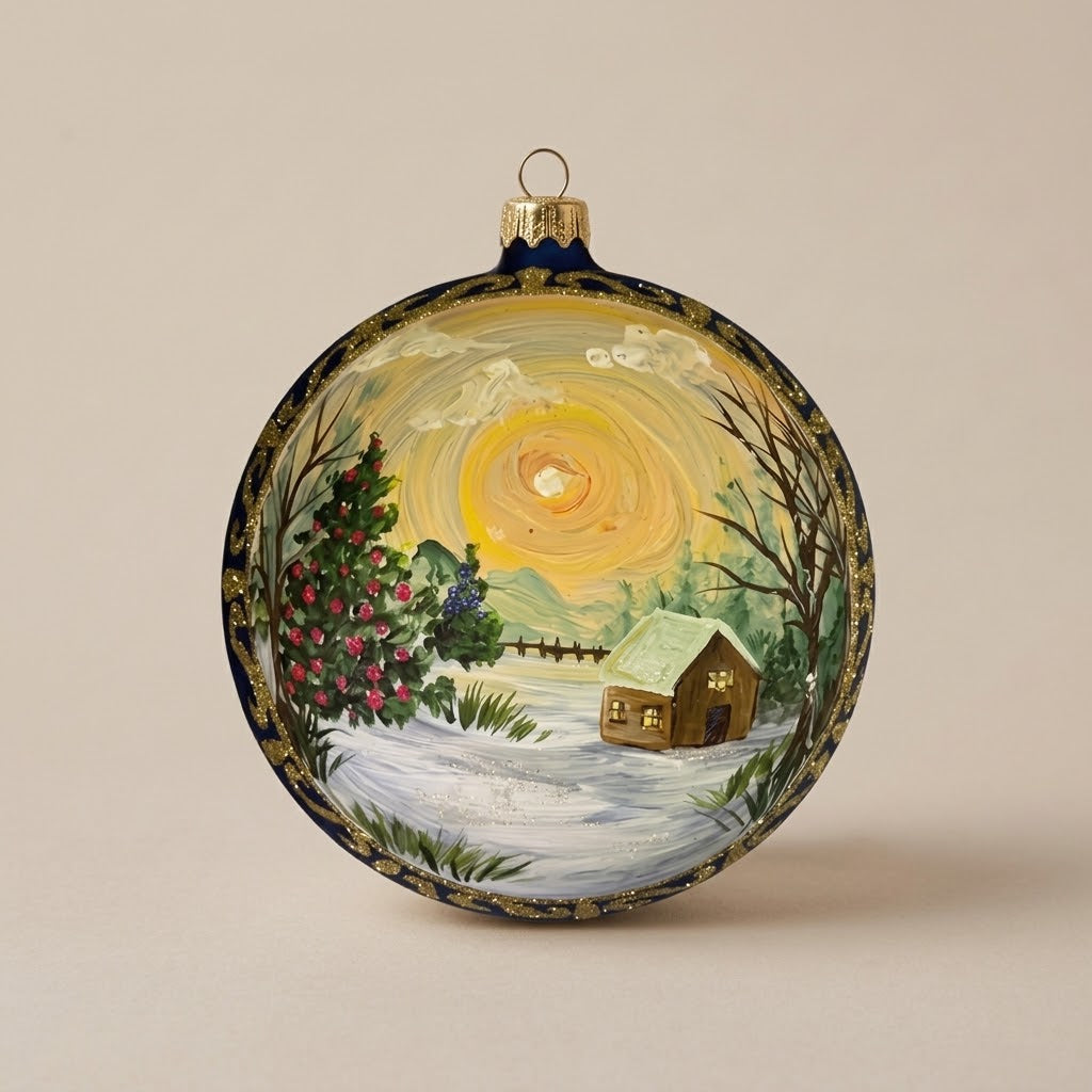 Hand-painted 6 in (15 cm) Christmas ornament: winter landscape at sunset