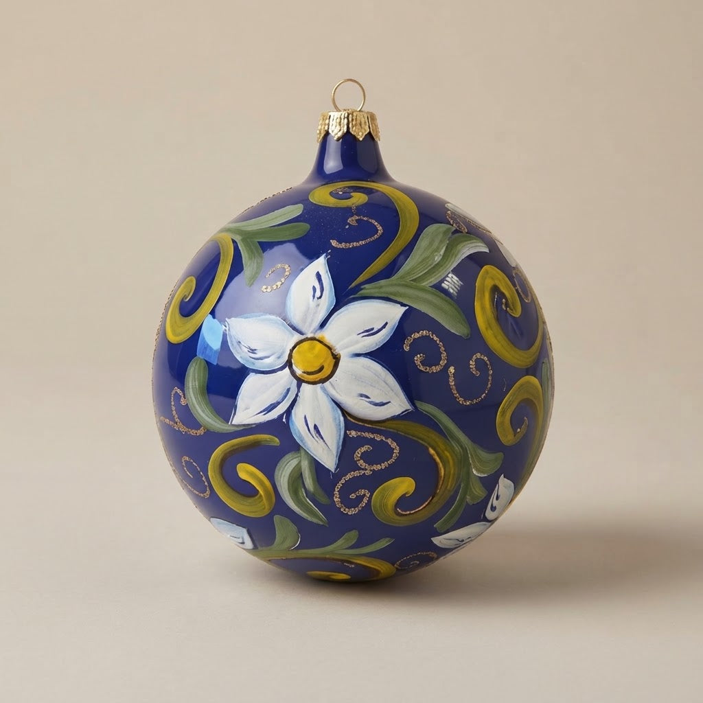 Palla di Natale dipinta a mano: stile maiolica, fiore bianco su fondo blu