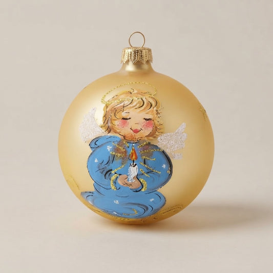 Palla di Natale Ø 10 cm dipinta a mano: angioletto con candela su fondo oro