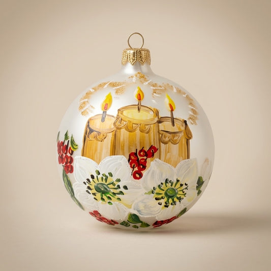 Hand-painted blown glass sphere Ø 100 mm with Christmas candles and winter flowers