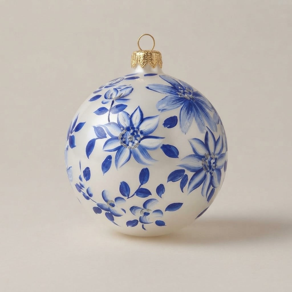 Palla di Natale dipinta a mano: stile maiolica, fiori a stella blu su fondo bianco