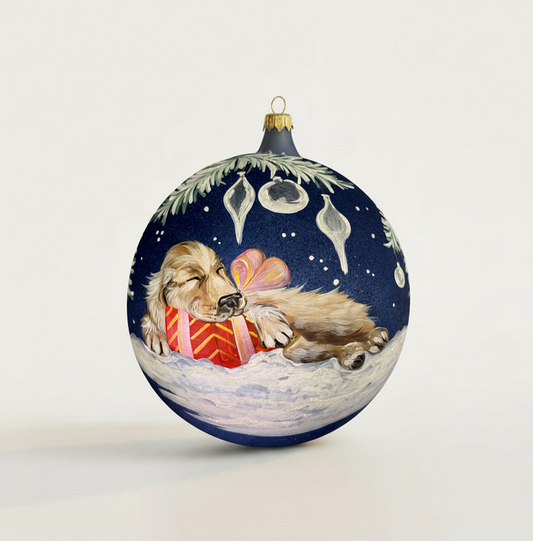 Sfera in vetro soffiato Ø 150 mm dipinta a mano con cucciolo di cane e decori natalizi