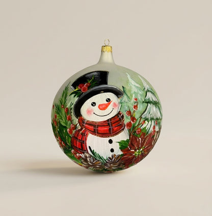 Sfera in vetro soffiato Ø 150 mm dipinta a mano con pupazzo di neve e decorazioni natalizie