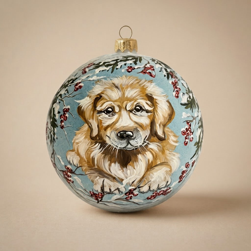 Hand-painted 6 in (15 cm) Christmas ornament: golden puppy with pinecones and berries