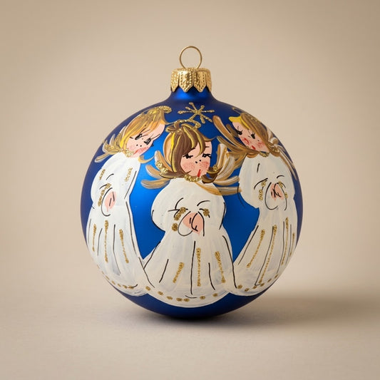 Hand-painted blown glass sphere Ø 100 mm with three little angels on a midnight blue background
