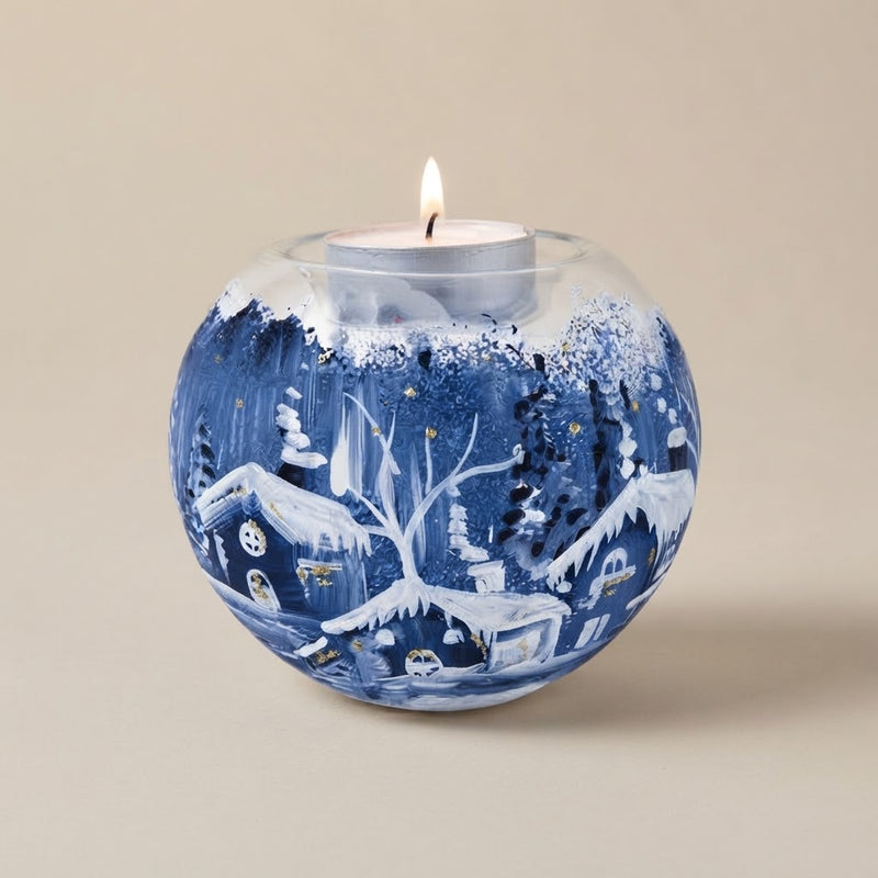 Portacandele di Natale paesaggio notturno dipinto a mano
