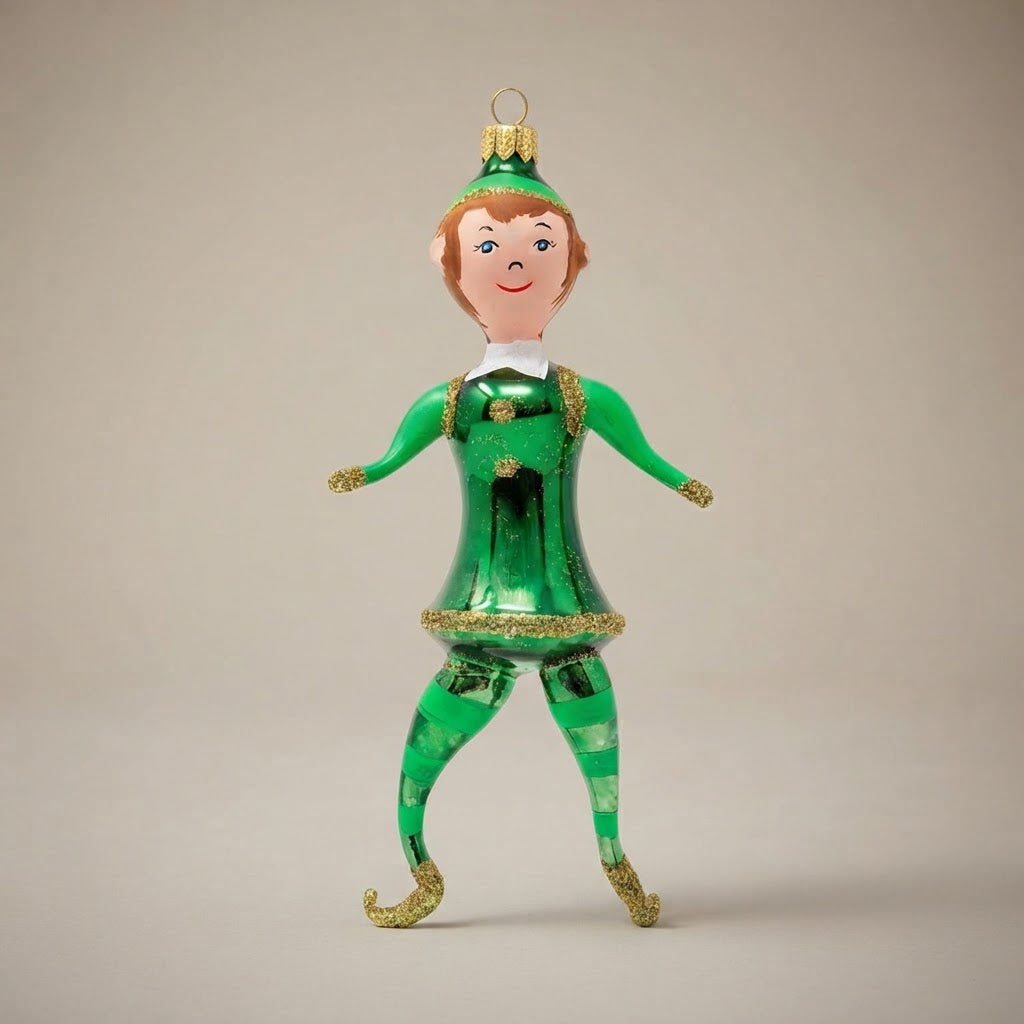 Green elf, hand-painted Christmas ornament