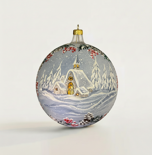 Sfera in vetro soffiato Ø 150 mm dipinta a mano con casetta innevata e decori invernali