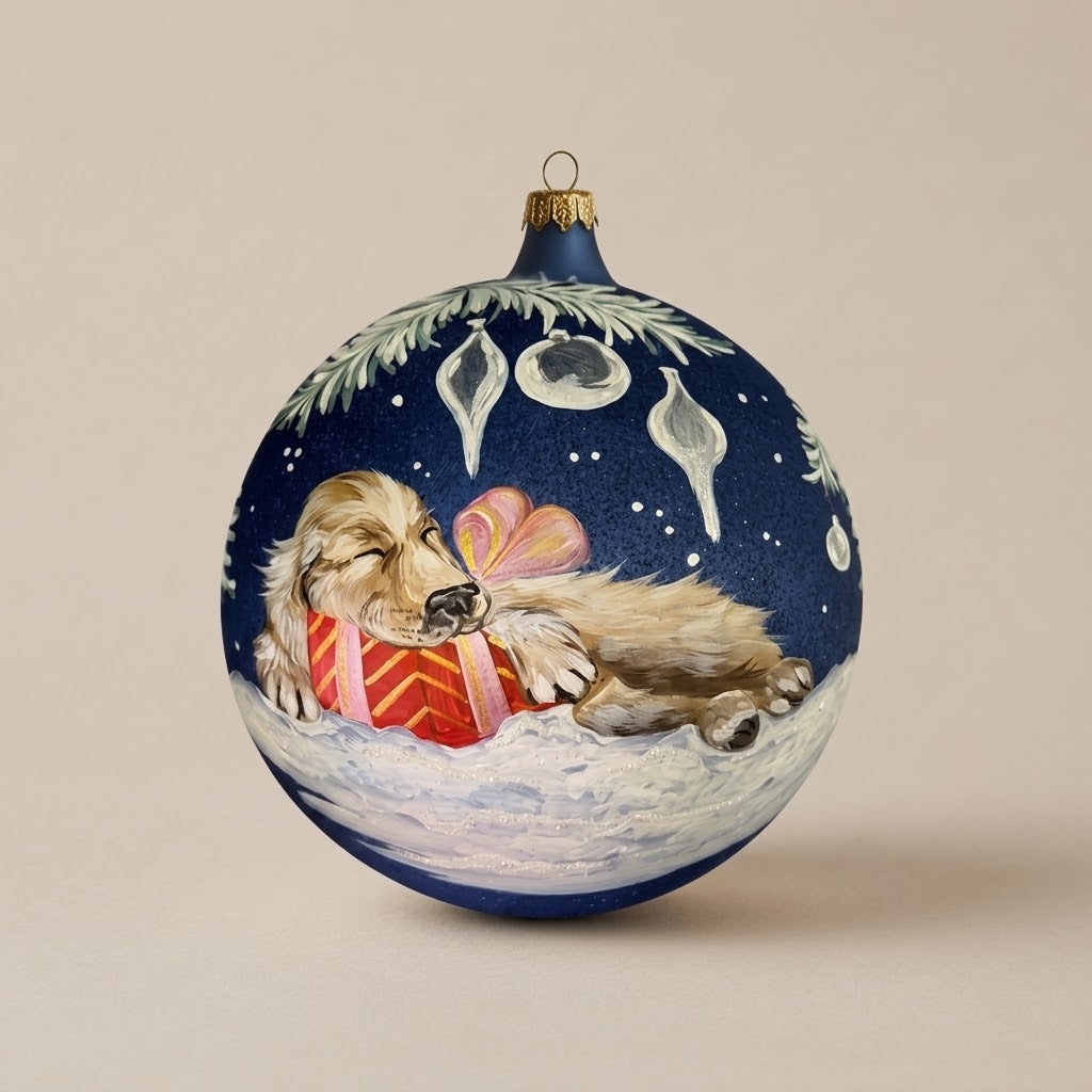 Hand-painted 6 in (15 cm) Christmas ornament: sleeping puppy with gift box
