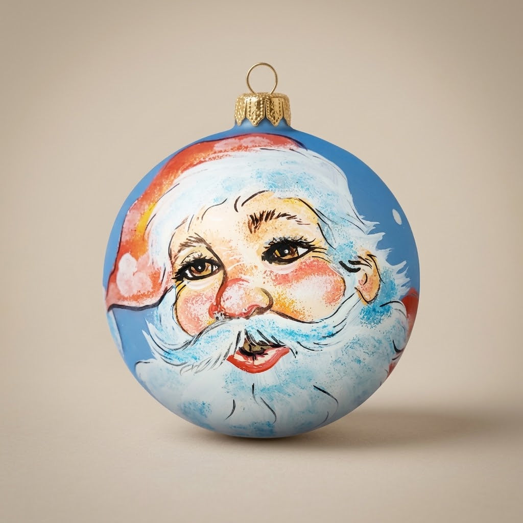 Palla di Natale Ø 10 cm dipinta a mano: volto di Babbo Natale su fondo azzurro