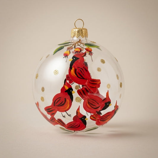 Blown glass sphere Ø 100 mm hand-painted with cardinals on clear glass