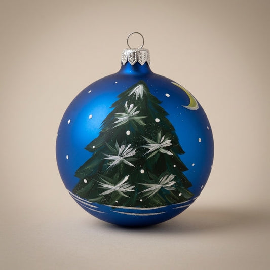Hand-painted 4 in (10 cm) Christmas ornament: fir tree and moon on blue