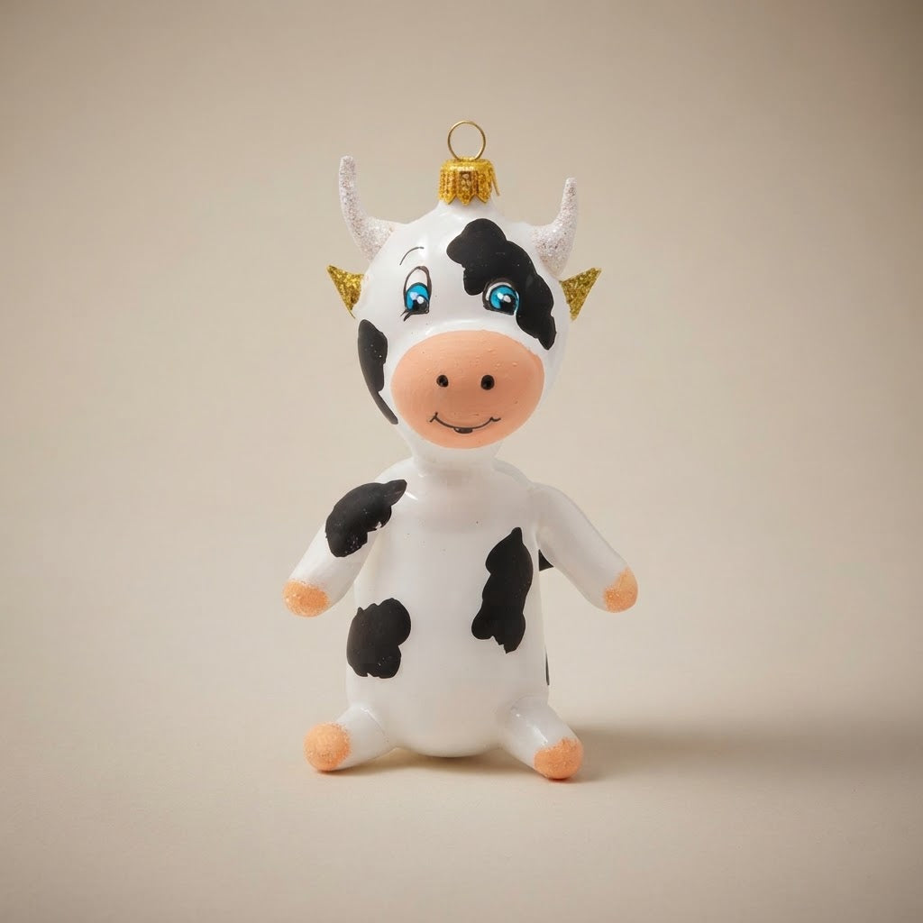 Black and white cow, hand-painted Christmas ornament