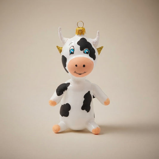 Mucca bianca e nera, decorazione di Natale dipinta a mano