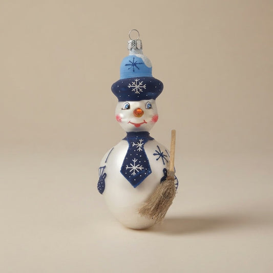 Pupazzo di neve con cravatta blu, decorazione di Natale dipinta a mano