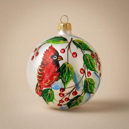 Hand-painted blown glass sphere Ø 100 mm with red cardinal and berry branches