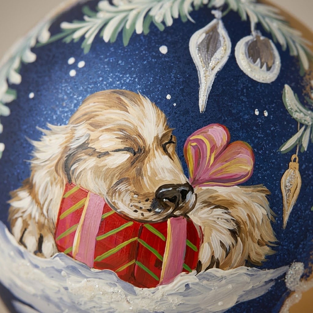 Brush-painted decoration detail: sleeping puppy with gift box