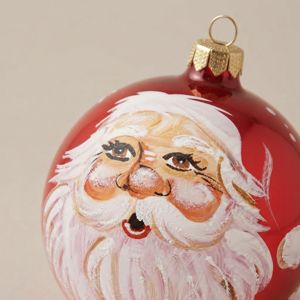 Dettaglio del decoro dipinto a pennello: volto di Babbo Natale su fondo rosso lucido