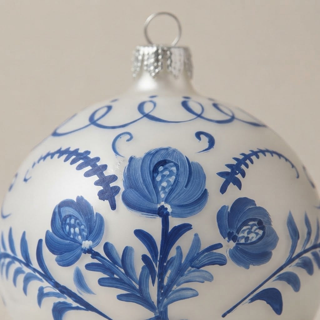Brush-painted decoration detail: majolica style, blue roses on white