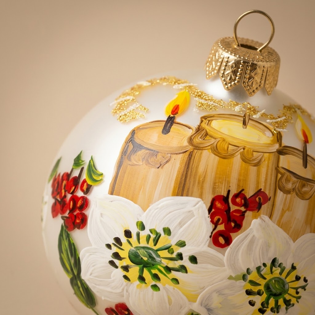 Dettaglio del decoro dipinto a pennello: candele e fiori d'inverno