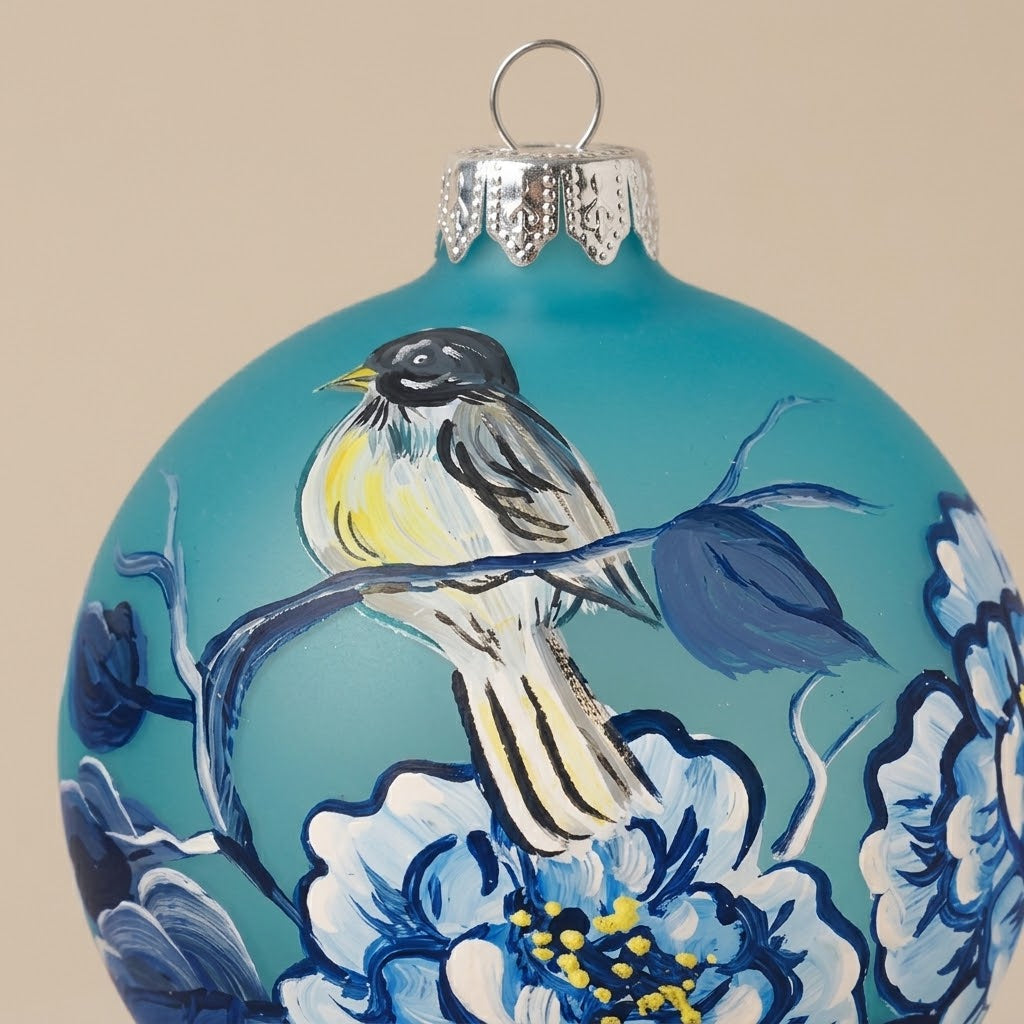 Ball bird and flowers on turquoise