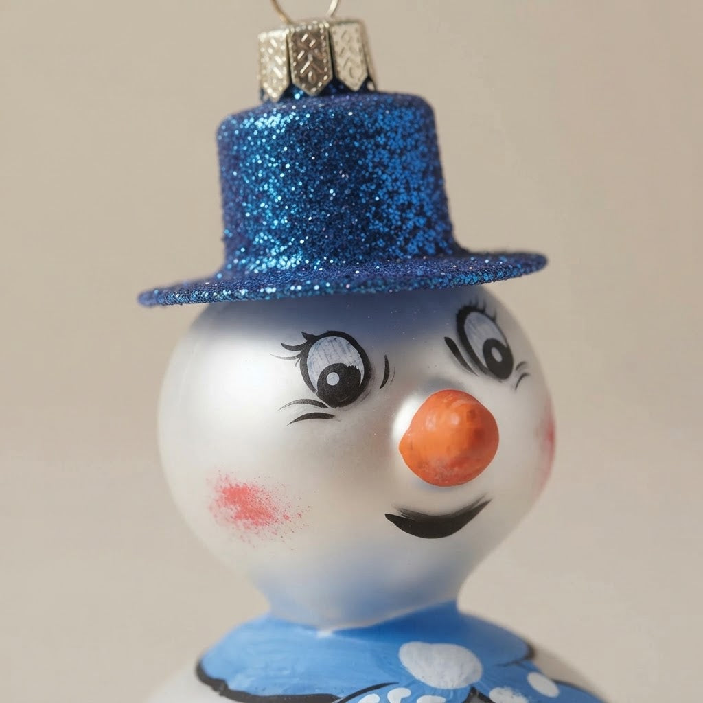 Snowman with blue scarf, hand-painted Christmas ornament: another view