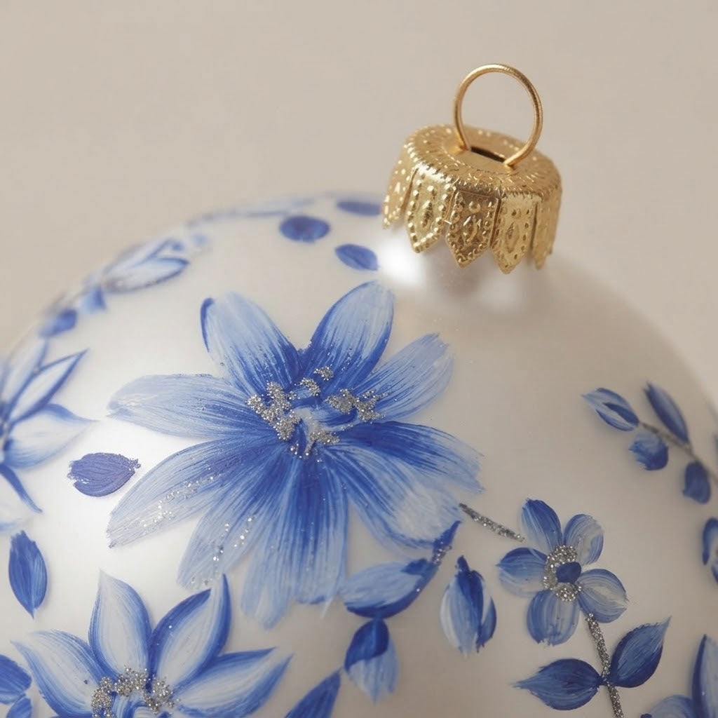 Dettaglio del decoro dipinto a pennello: stile maiolica, fiori a stella blu su fondo bianco