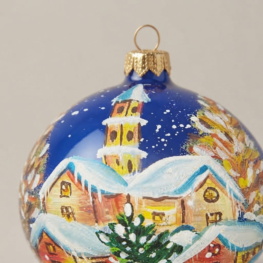 Dettaglio del decoro dipinto a pennello: campanile e villaggio innevato su fondo blu
