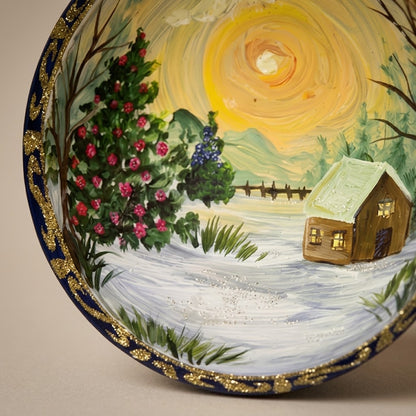 Brush-painted decoration detail: winter landscape at sunset