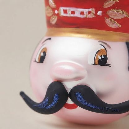 Red toy soldier head, hand-painted Christmas ornament: another view