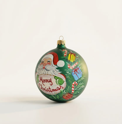 Sfera in vetro soffiato Ø 150 mm dipinta a mano con Babbo Natale e scritta Merry Christmas