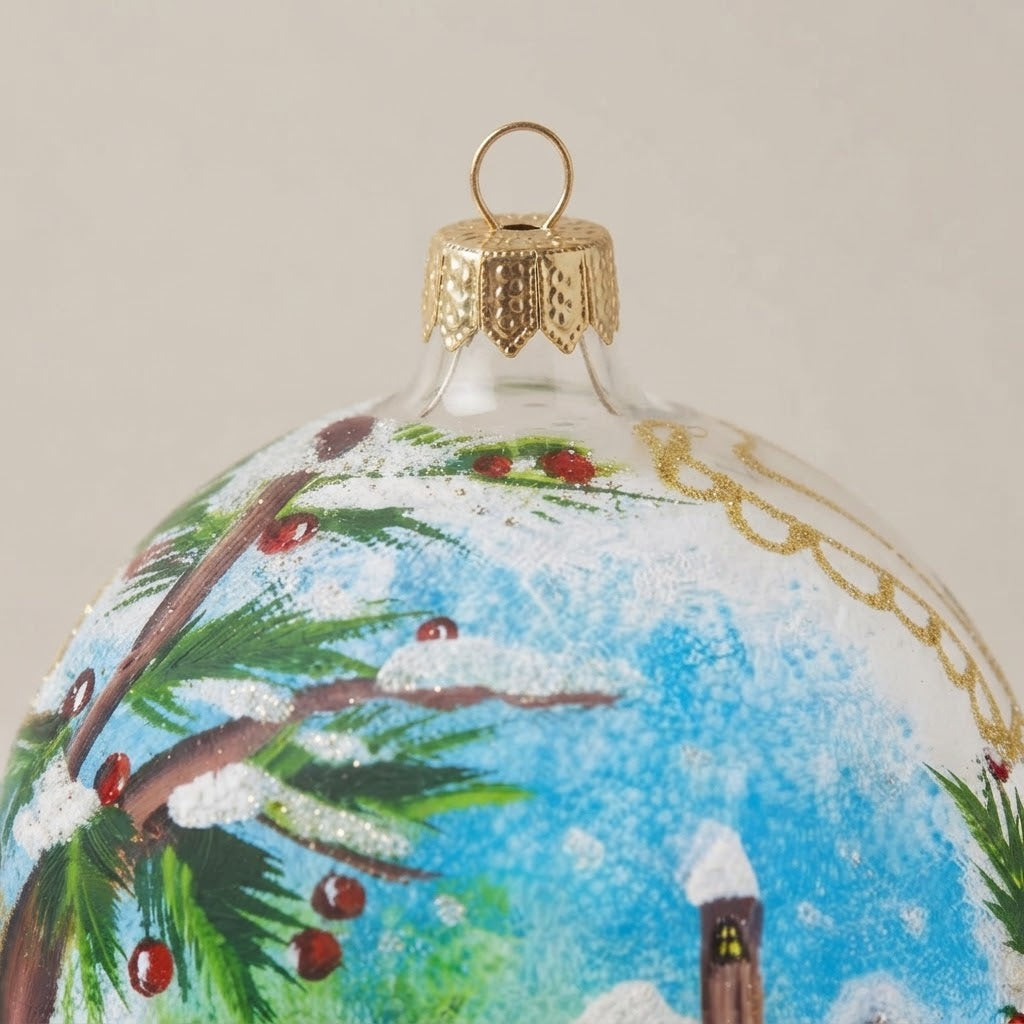 Brush-painted decoration detail: mountain chapel with meadow and snow