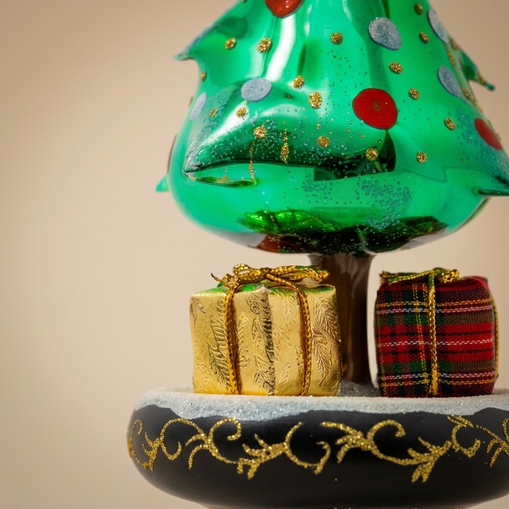 Giostra di Natale con albero e doni dipinta a mano: dettaglio della decorazione